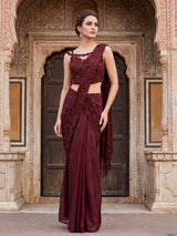 Wine chiffon georgette ready to wear saree with designer embellishments