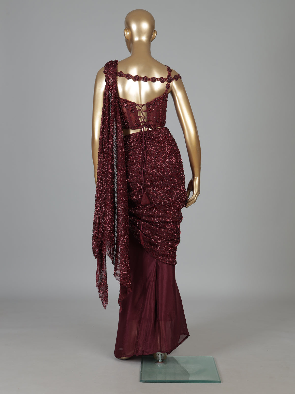 Wine chiffon georgette ready to wear saree with designer embellishments