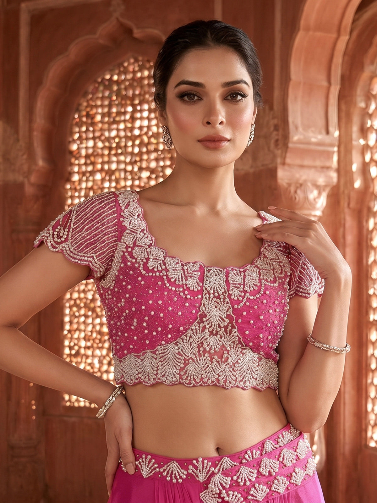 Pink chiffon georgette ready to wear saree with pearl work charm