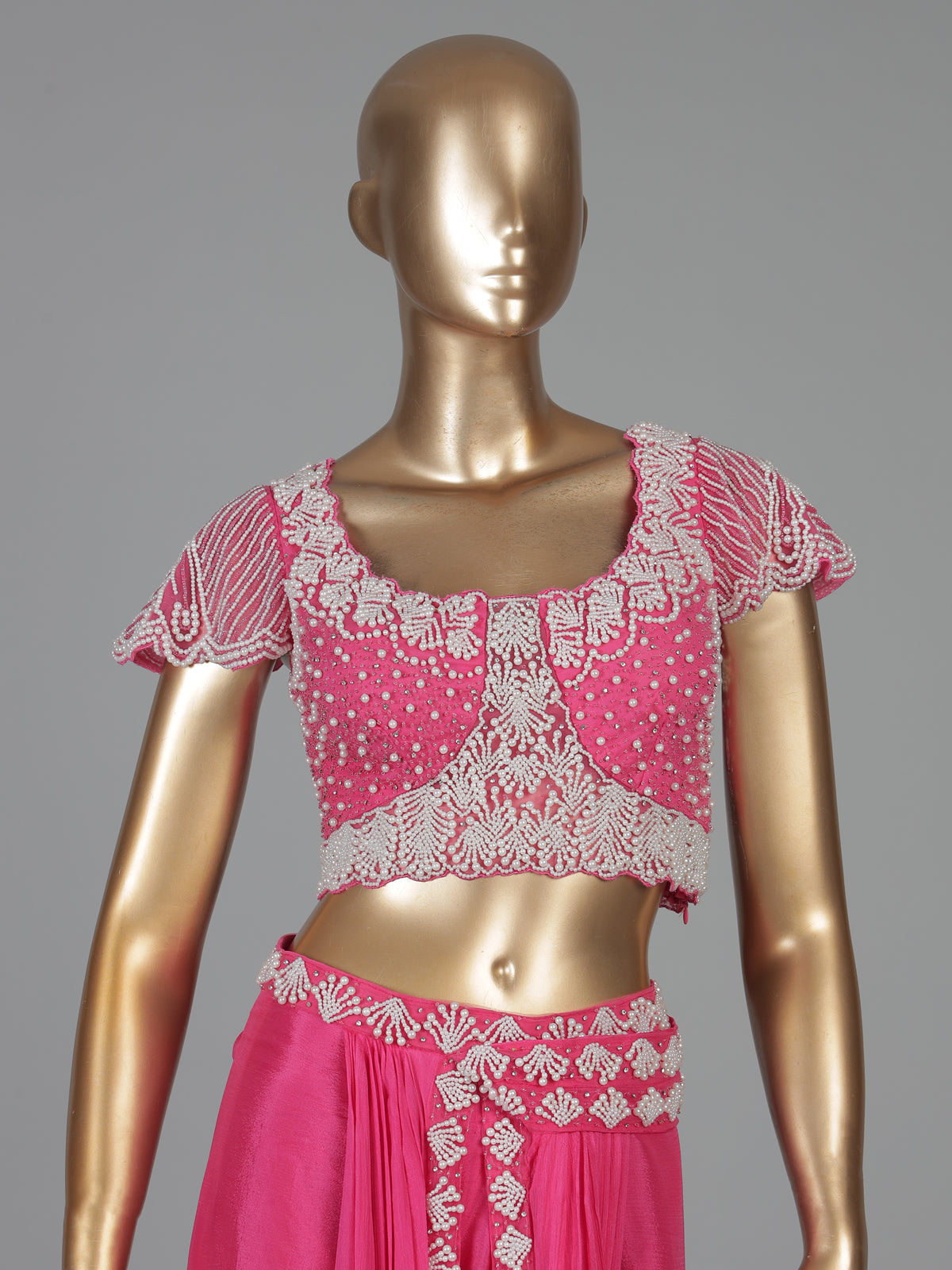 Pink chiffon georgette ready to wear saree with pearl work charm