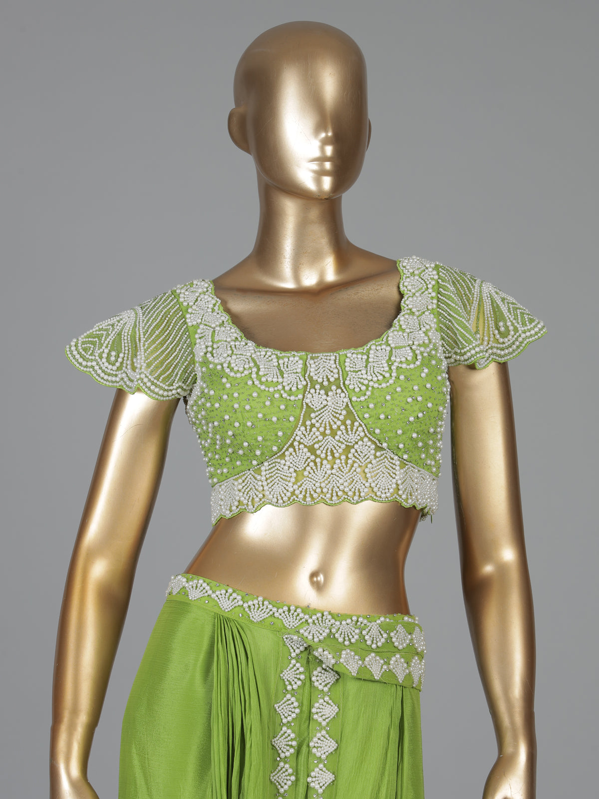 Parrot green chiffon georgette ready to wear saree with pearl detailing