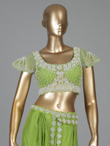 Parrot green chiffon georgette ready to wear saree with pearl detailing