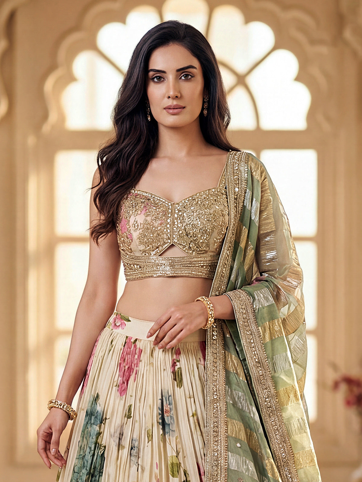 Cream silk floral embroidered lehenga choli with dupatta