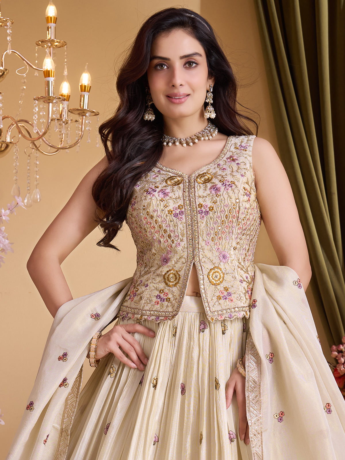 Cream silk heavy embellished lehenga choli with dupatta