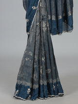 Peacock blue dola silk festive embroidered silk saree