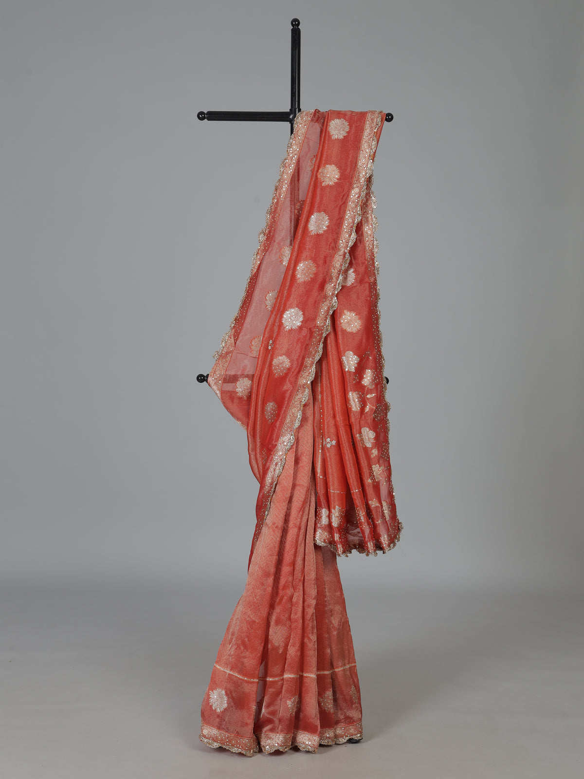Orange dola silk embellished bridal festive saree