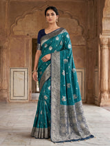 Teal blue floral bird border festive saree