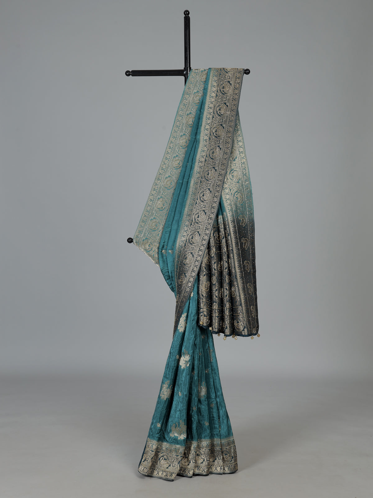 Teal blue floral bird border festive saree