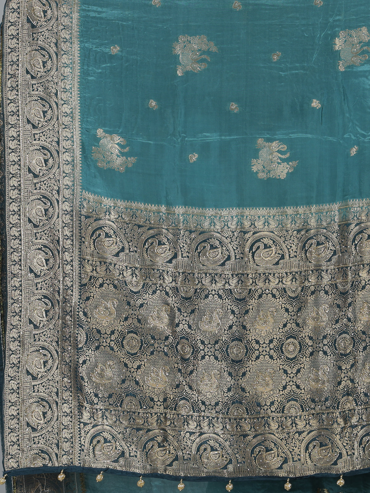 Teal blue floral bird border festive saree