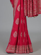 Crimson red floral arch festive dola silk saree
