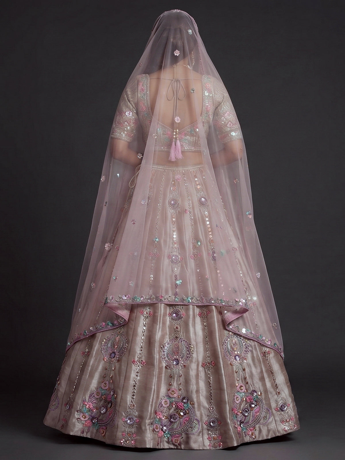 Beige mirror lehenga with pastel dupatta