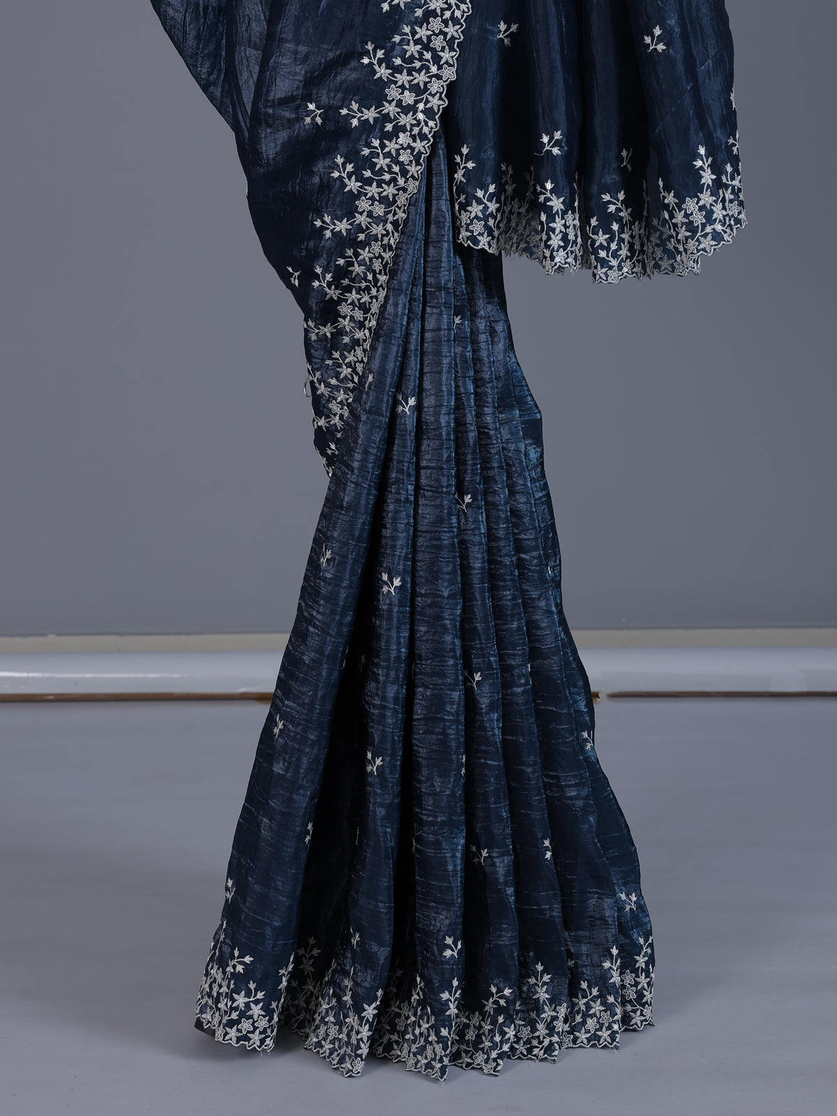 Majestic navy blue festive organza saree