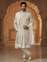 Elegant pista green raw silk full sleeves sherwani