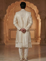 Elegant pista green raw silk full sleeves sherwani
