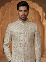 Elegant pista green raw silk full sleeves sherwani