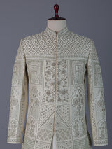 Elegant pista green raw silk full sleeves sherwani