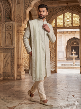 Sophisticated pista green jacquard silk full sleeves sherwani