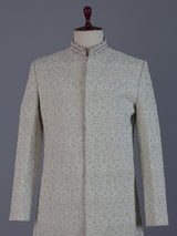 Sophisticated pista green jacquard silk full sleeves sherwani