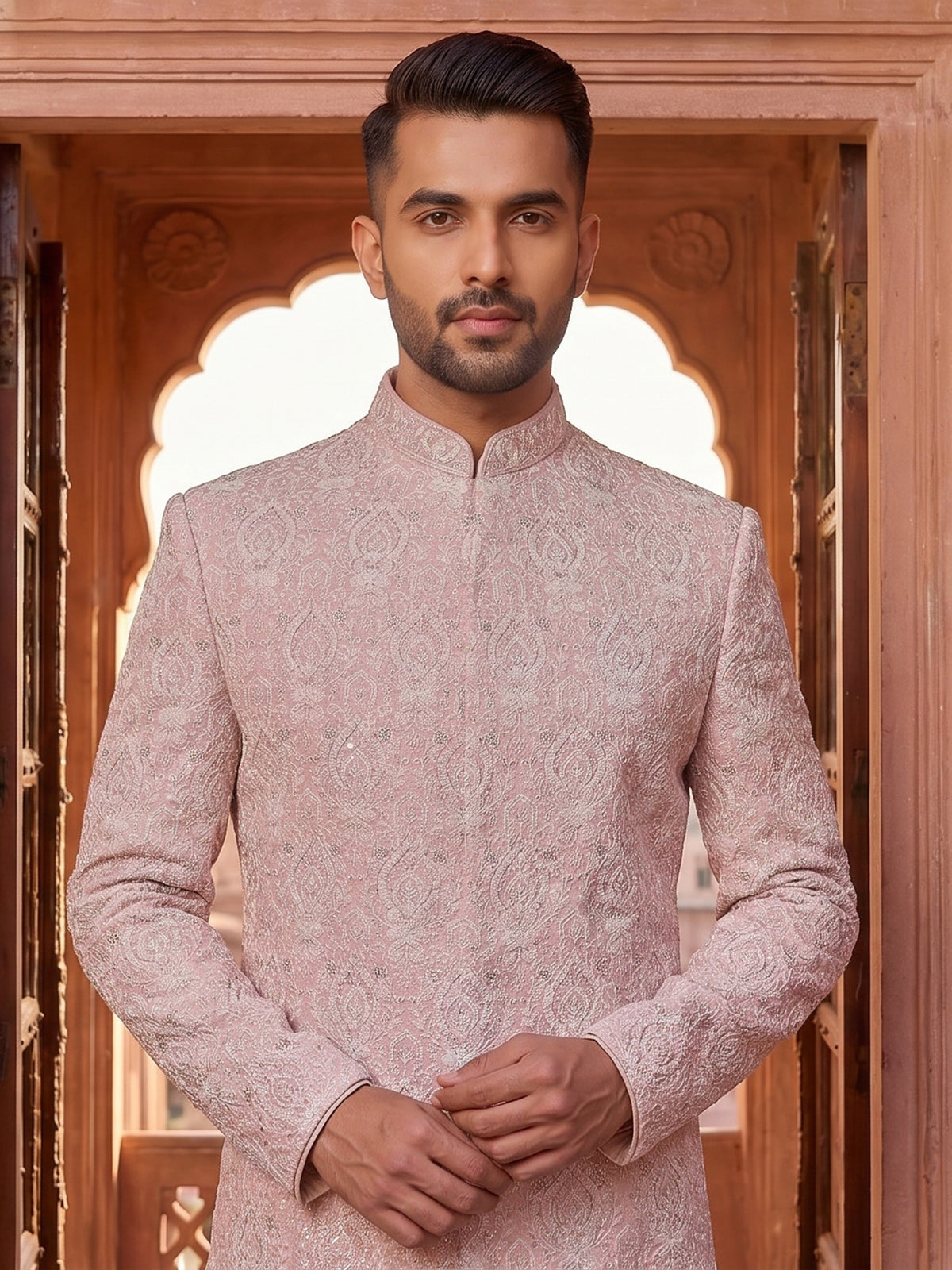 Premium pink silk full sleeves sherwani ensemble