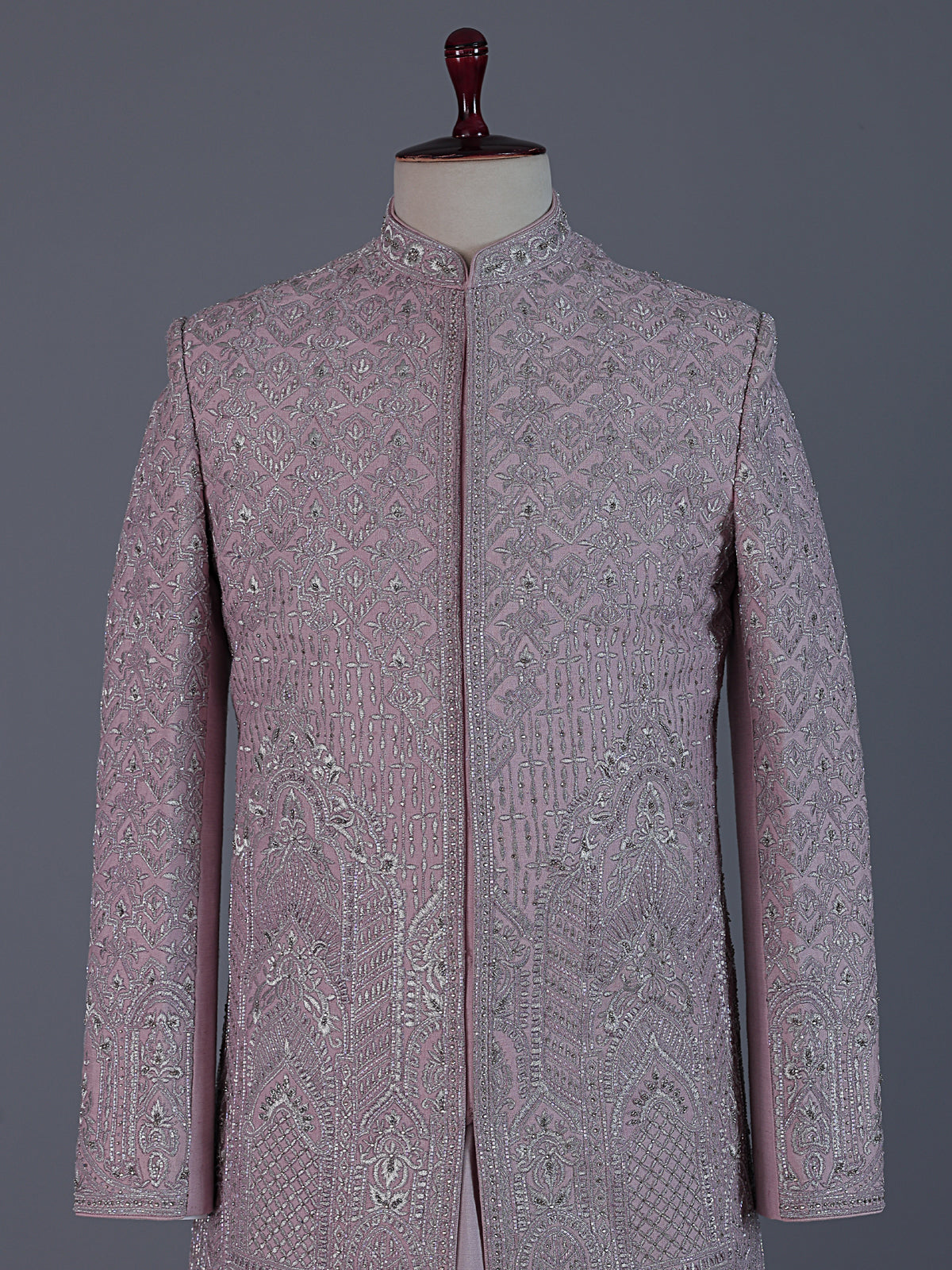 Classic light pink banarasi silk full sleeves sherwani