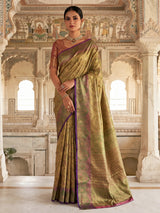 Golden Kanjivaram silk saree with zari shine