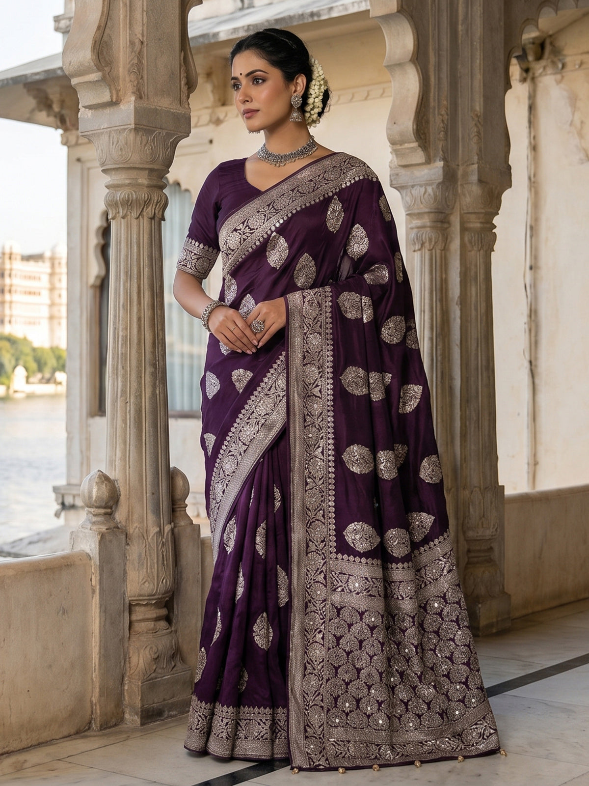 Wine dola silk saree with cutdana work