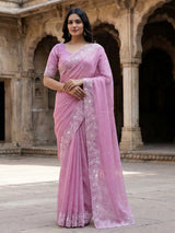 Pink crushed tissue saree with elegant festive sequins detailing