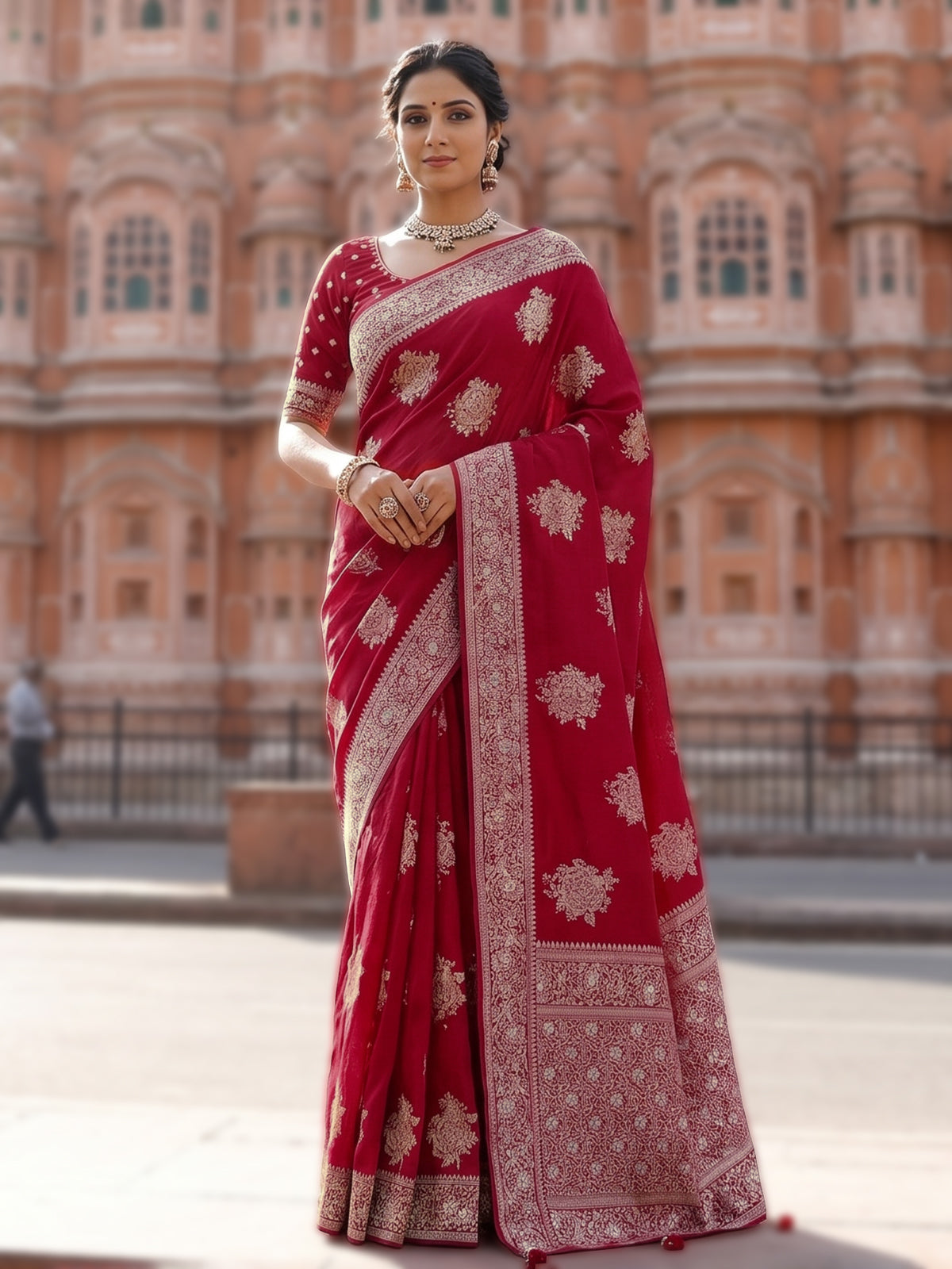 Red silk saree with zari stone and cutdana work