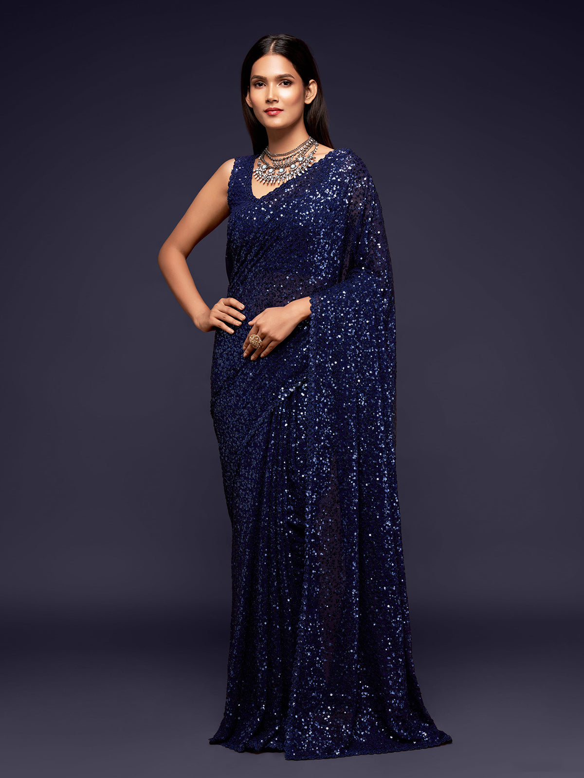 Sophisticated navy designer party saree