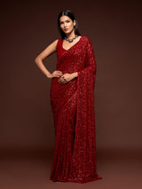 Luxurious ruby red embellished festive saree