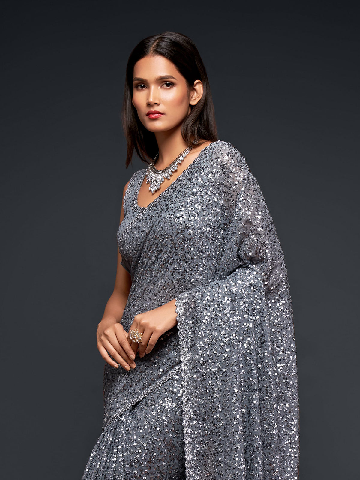 Majestic slate grey embellished designer saree