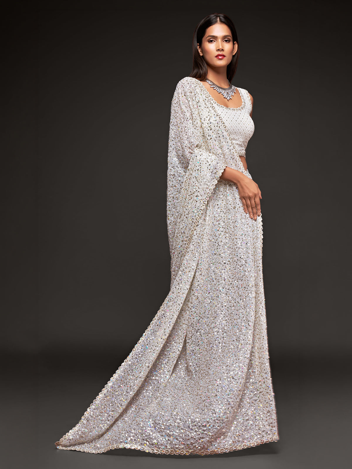 Royal pearl white reception georgette saree