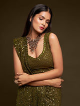 Opulent olive green partywear drape saree