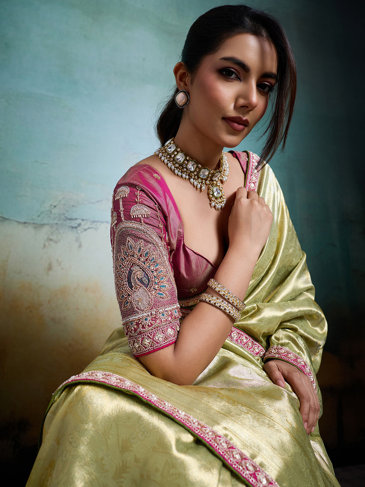 Elegant green metallic tissue silk saree