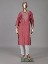 Dusty rose pink white embroidered cotton silk kurti