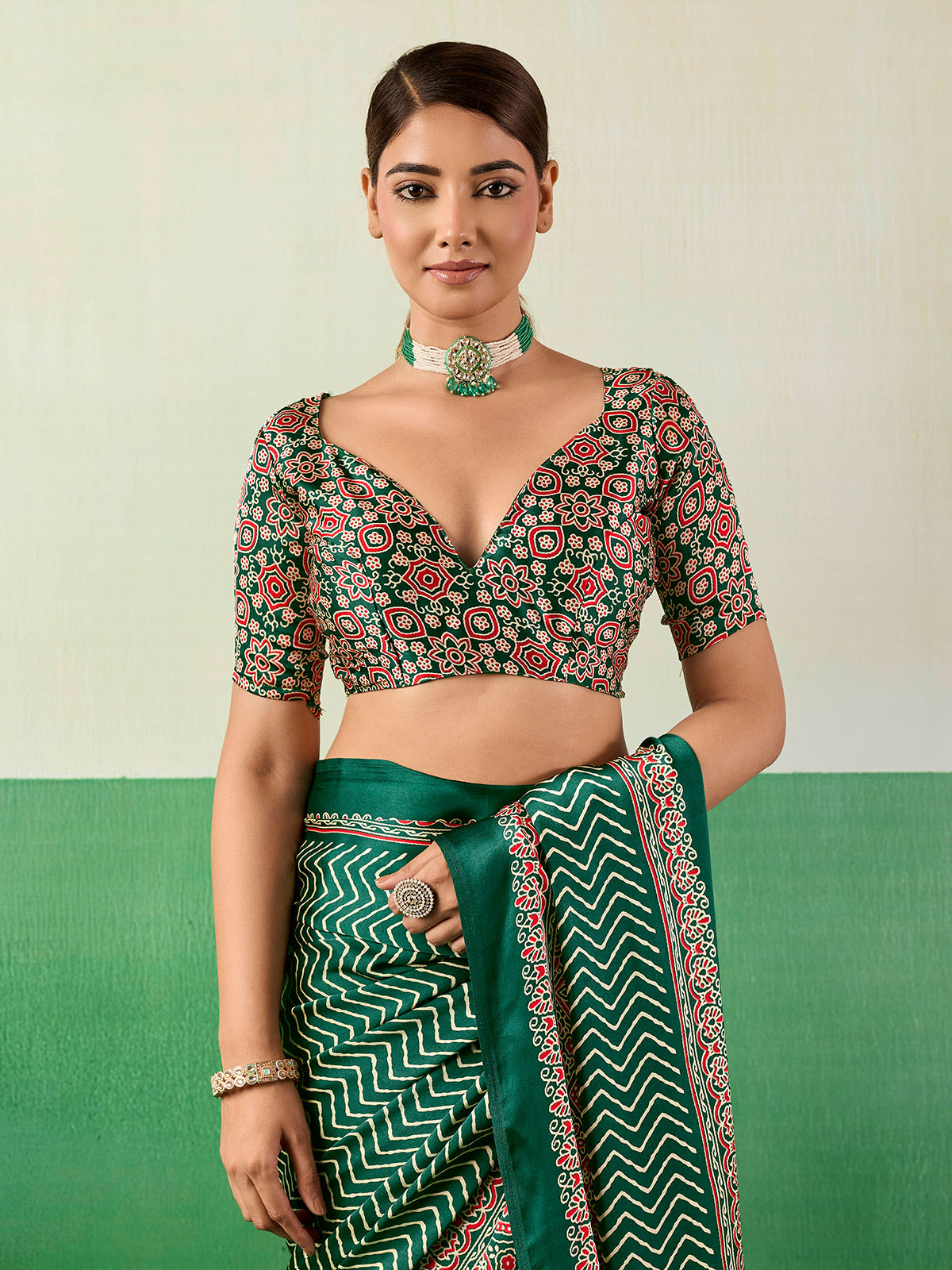 Elegant green ajrakh print saree