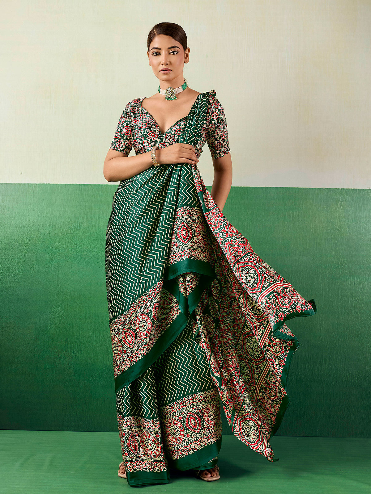 Elegant green ajrakh print saree