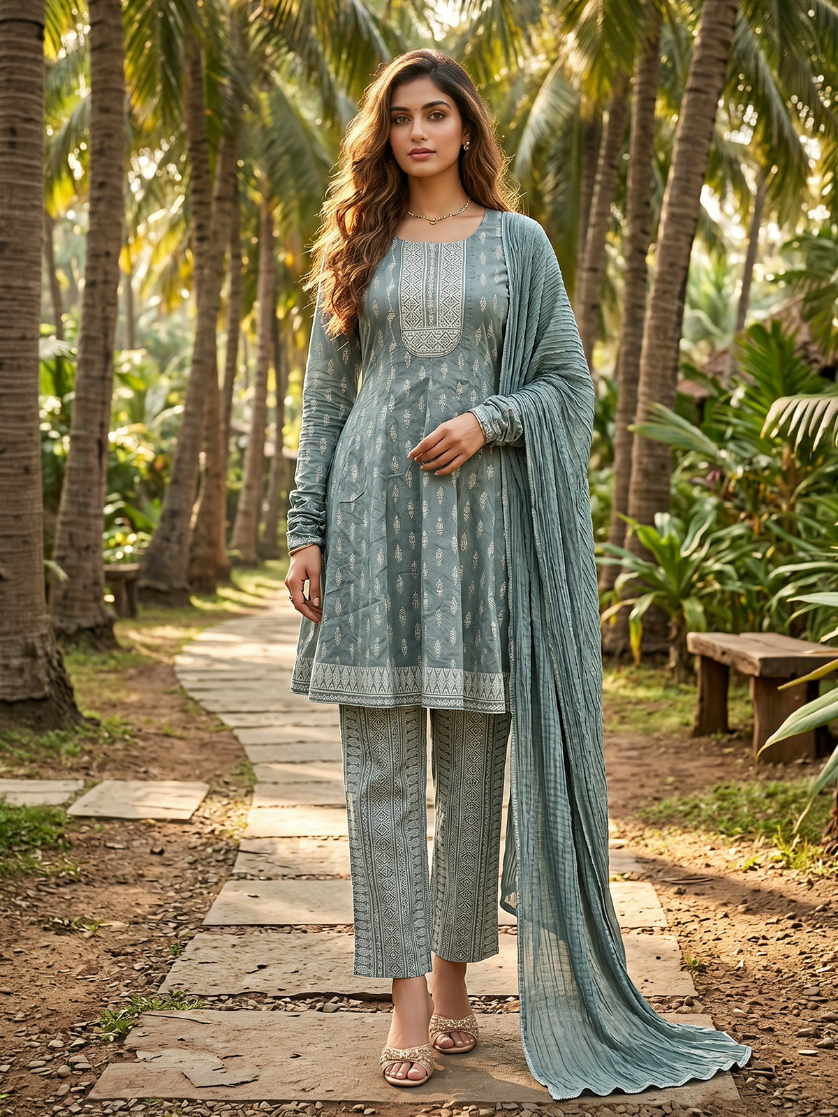 Sage green cotton straight frock salwar suit