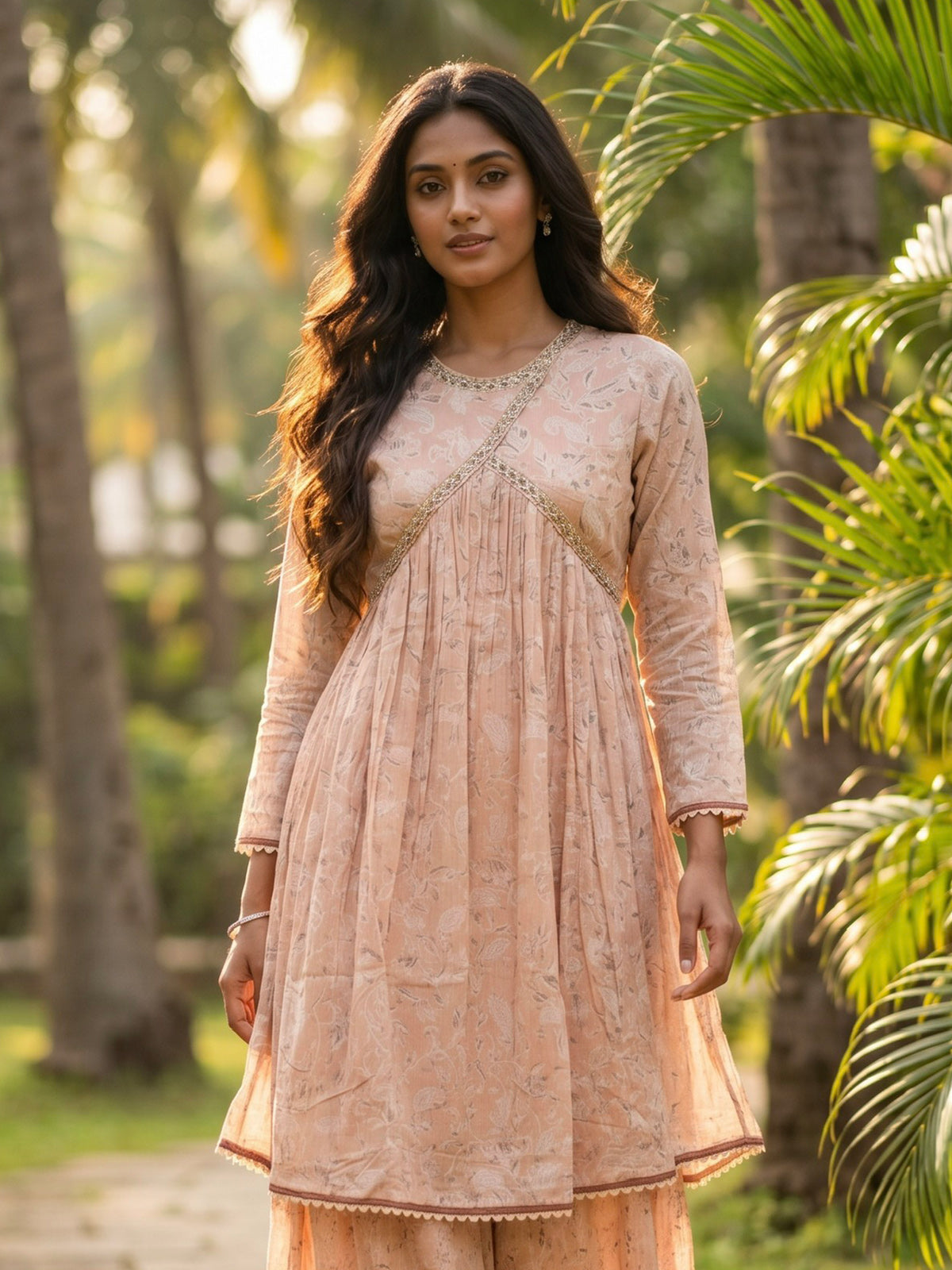Pastel peach silk festive palazzo suit