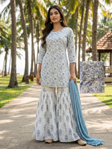 White blue cotton silk festive sharara suit