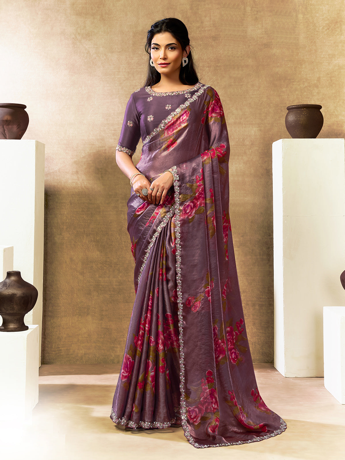 Regal purple floral digital saree