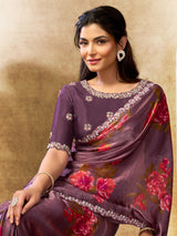 Regal purple floral digital saree