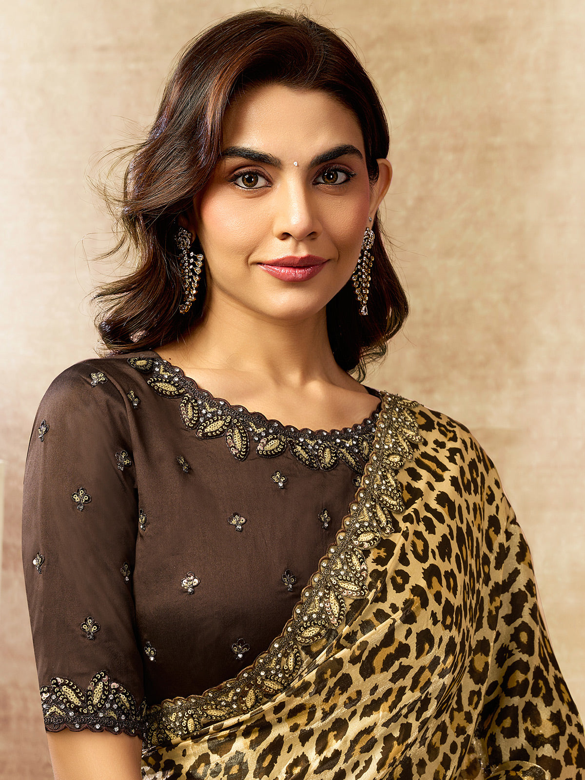 Radiant yellow leopard print silk saree