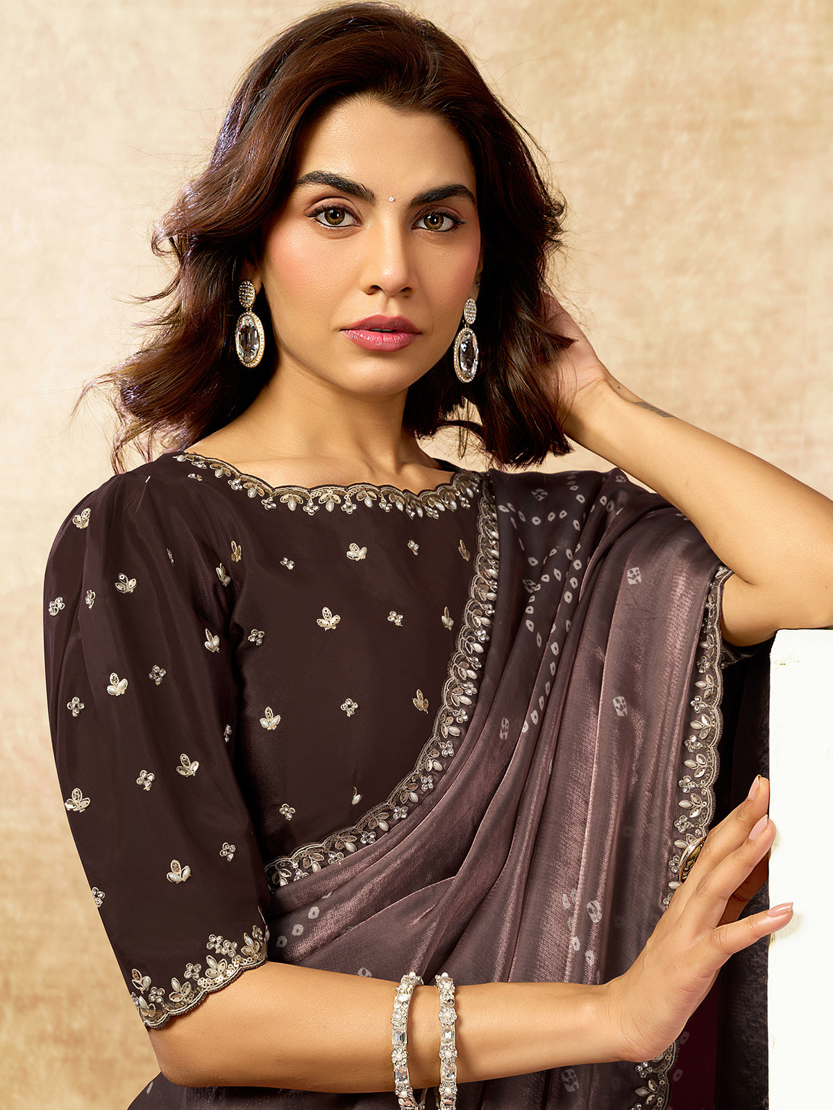 Majestic brown bandhani festive saree