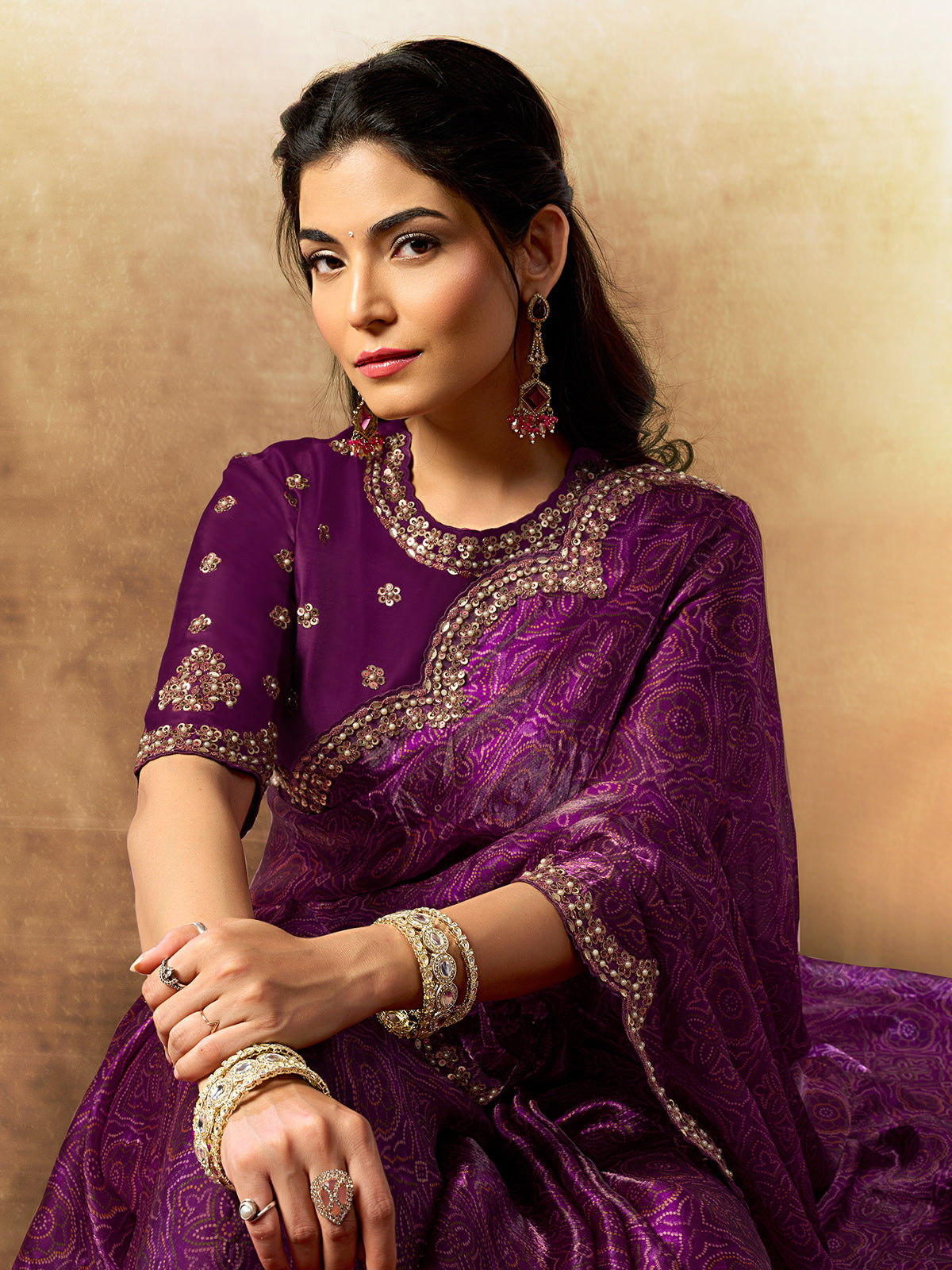 Royal purple satin silk saree with bandhani print