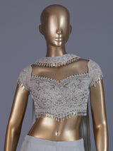 Off white tissue georgette palazzo suit with tassels