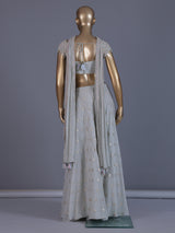 Off white tissue georgette palazzo suit with tassels