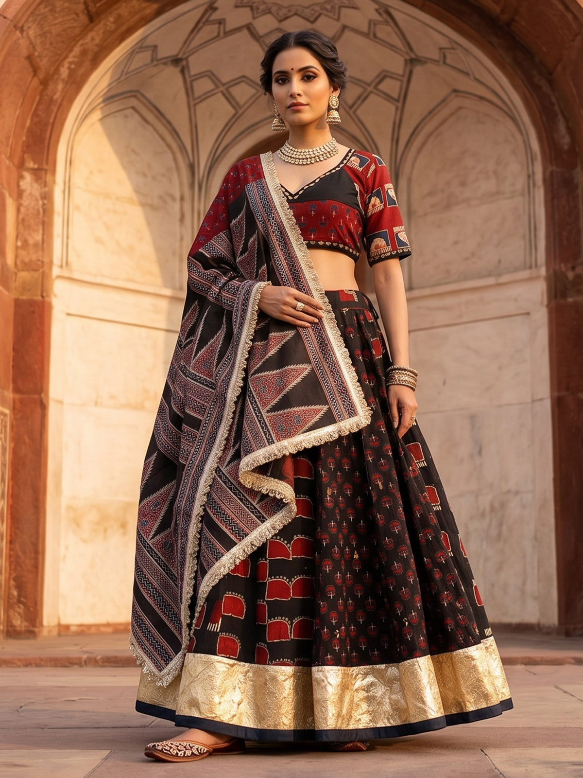Black printed festive lehenga choli