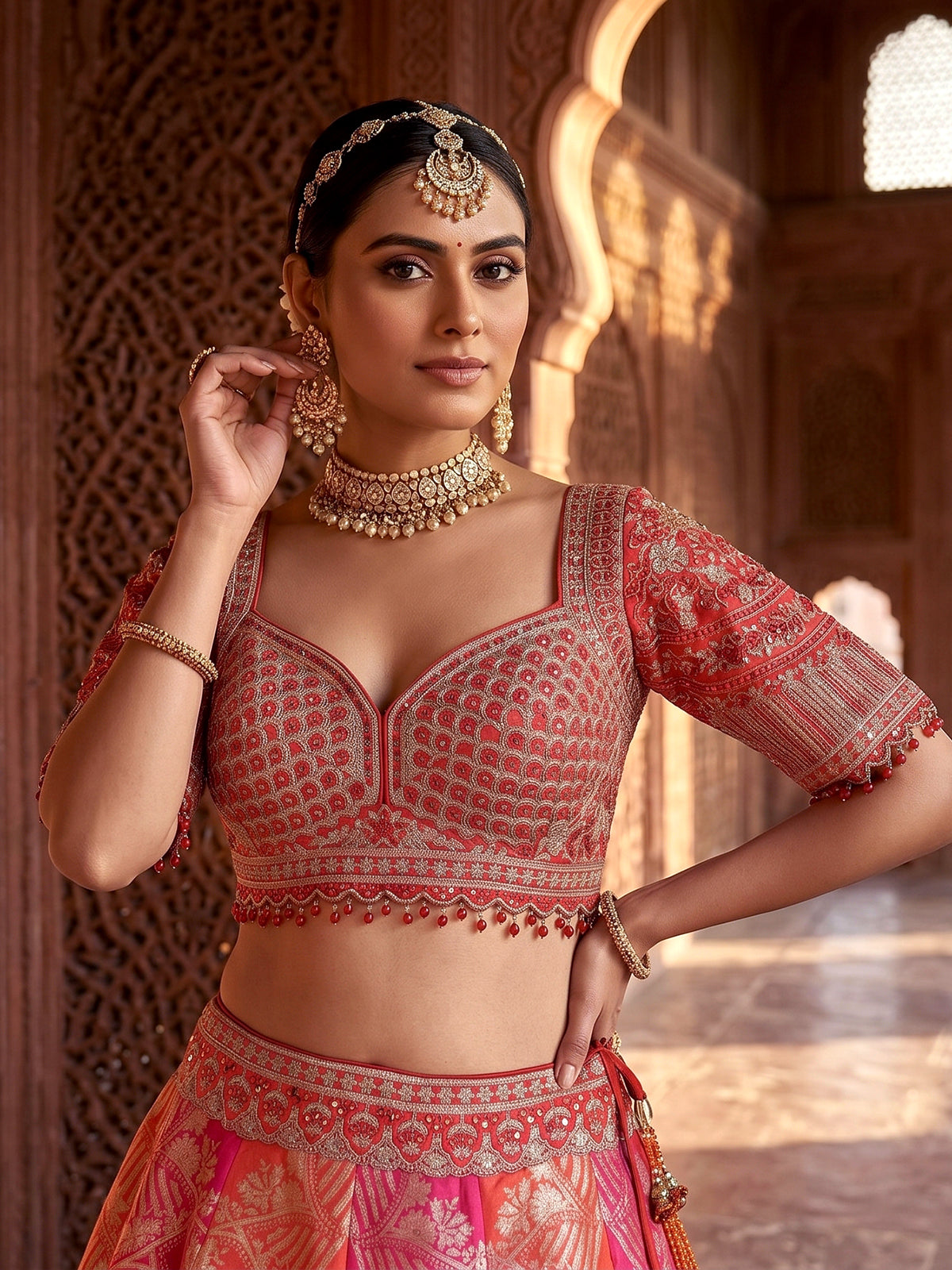 Red Banarasi wedding lehenga choli