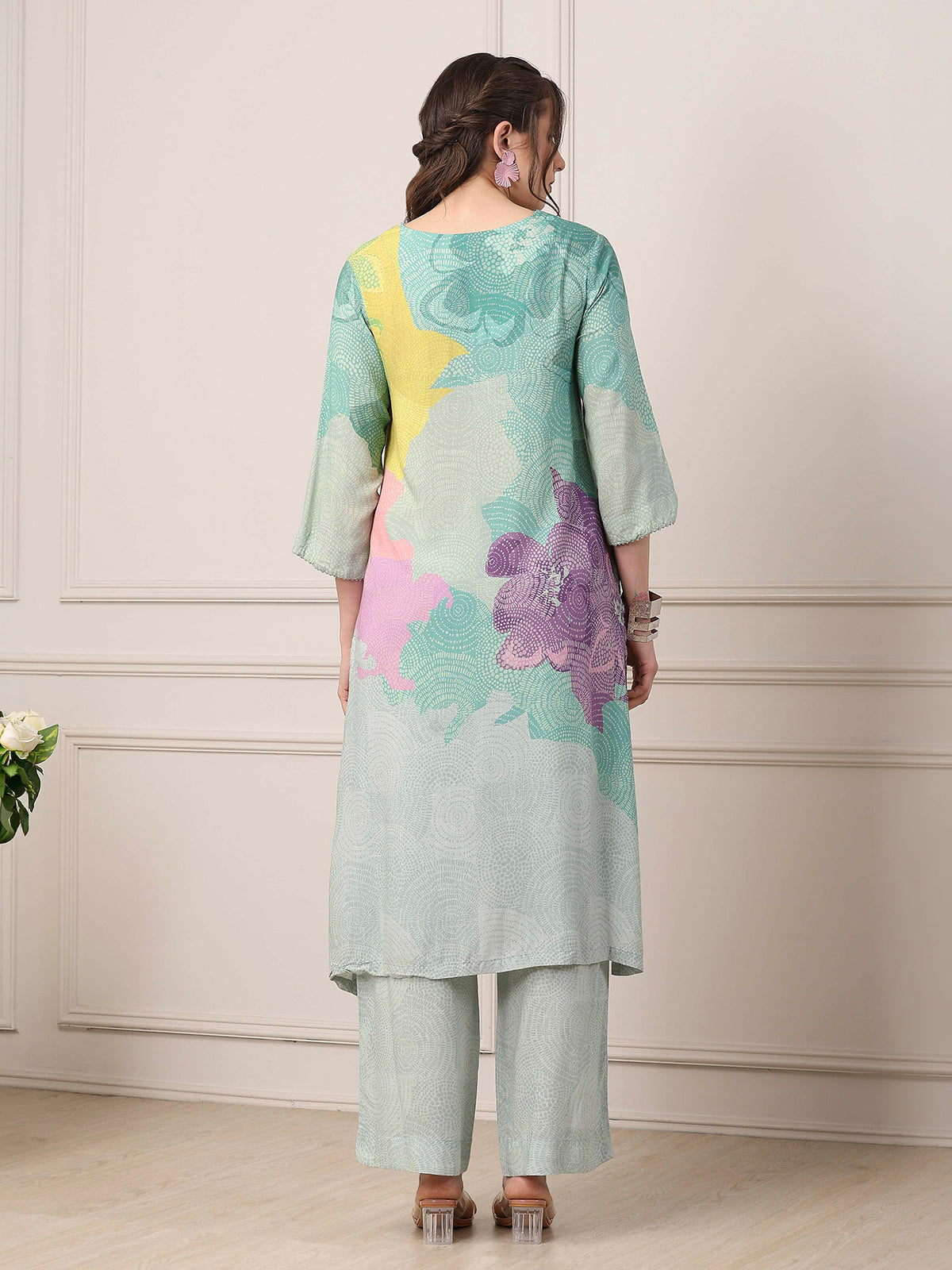 Green pastel floral printed high low kurti charm